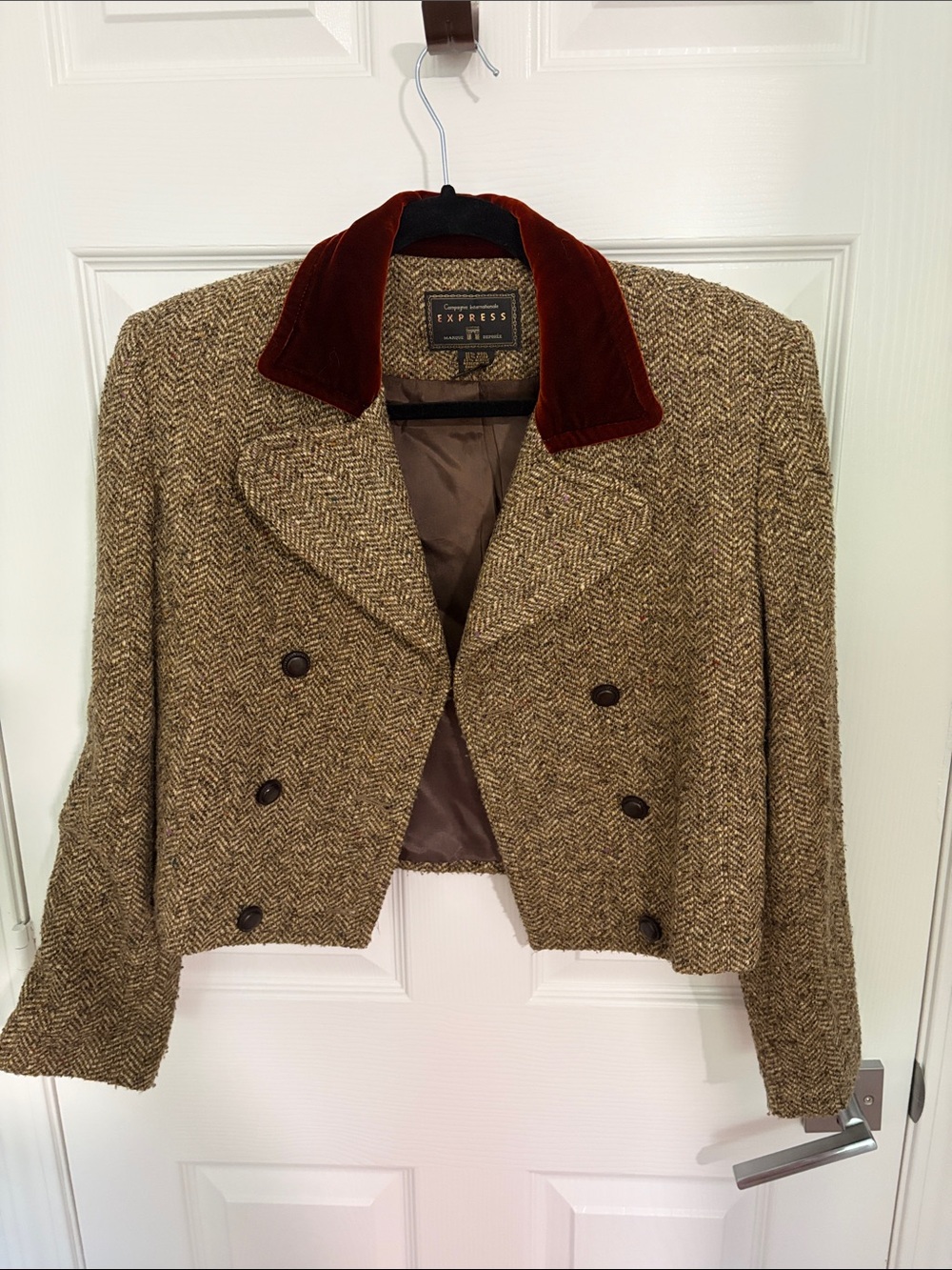 Express Brown Herringbone Cropped Blazer with Rust Velvet Collar
